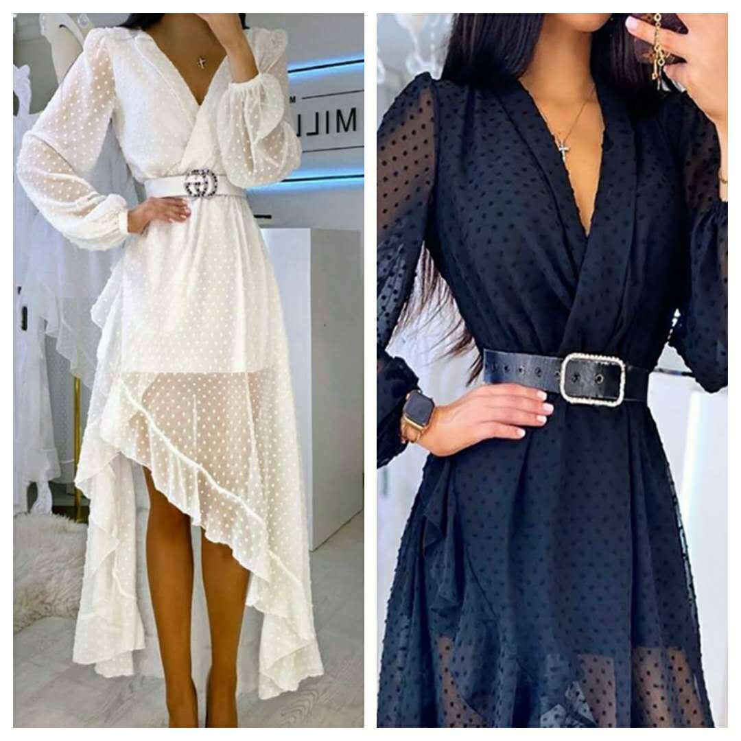 Fashion and elegant dress with waist polka dot V-neck