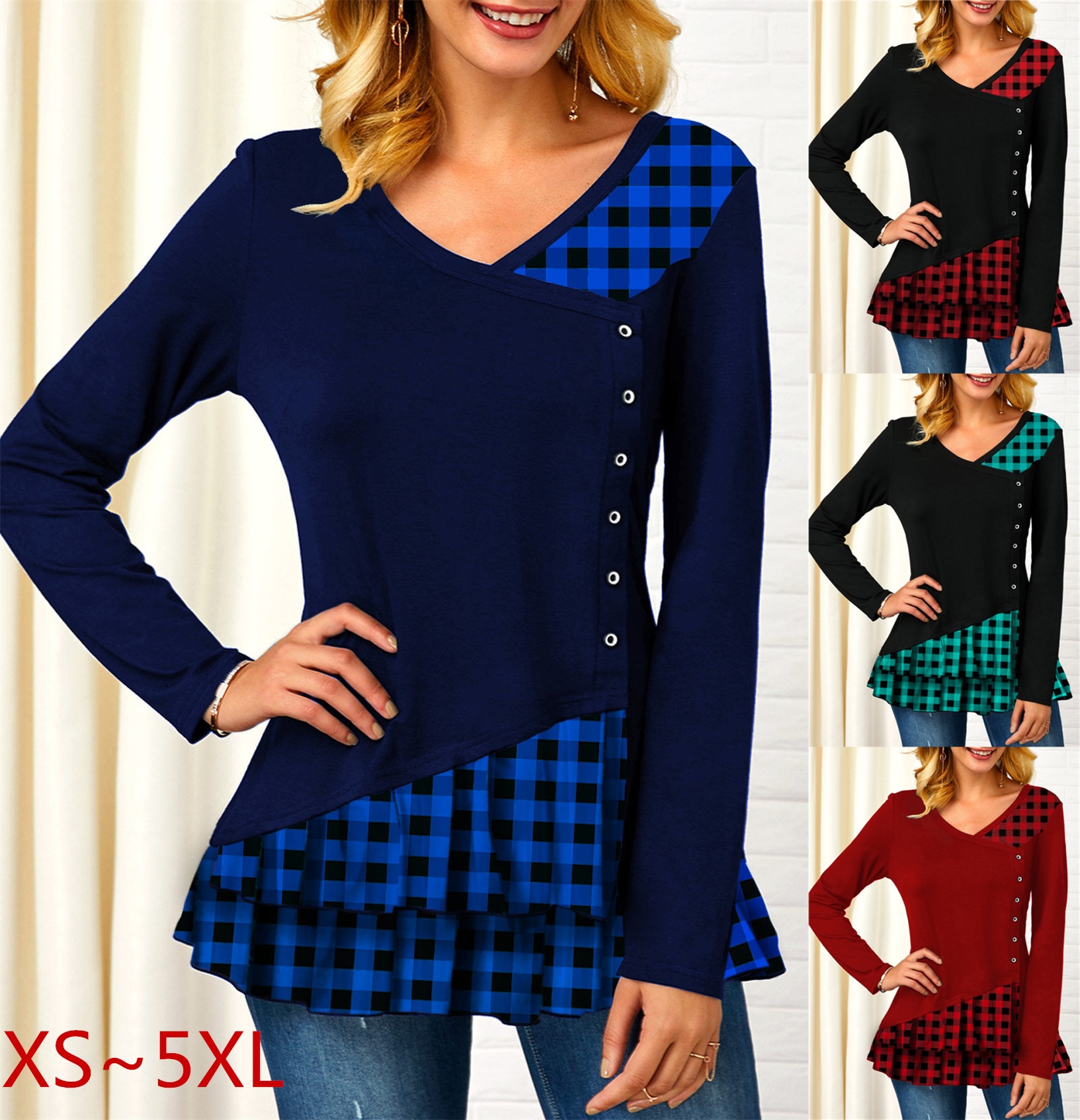 Long Sleeve Plaid patchwork V-neck T-shirt