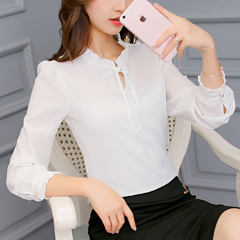 White fashion chiffon shirt women long sleeves
