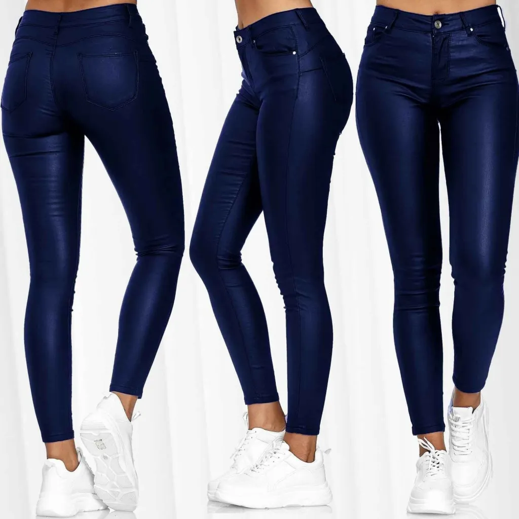 Women's solid color leather casual pants foot pants - Blue