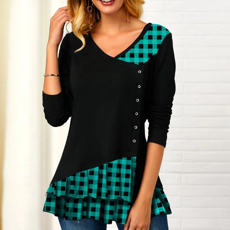 Women's new long-sleeved plaid irregular stitching T-shirts - Green
