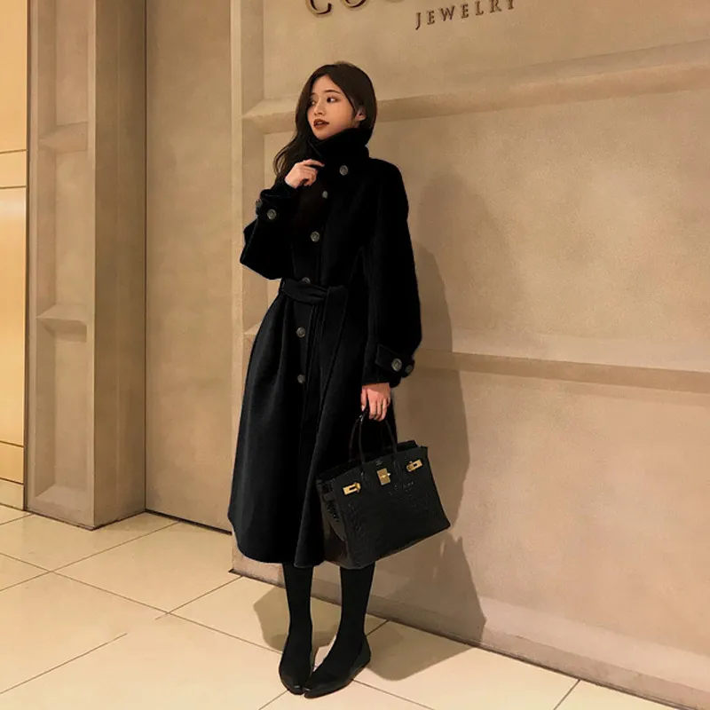 Double-sided woolen thick cashmere woolen coat - Black