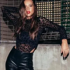 Black Leopard Mesh Bodysuit - Black - View 1