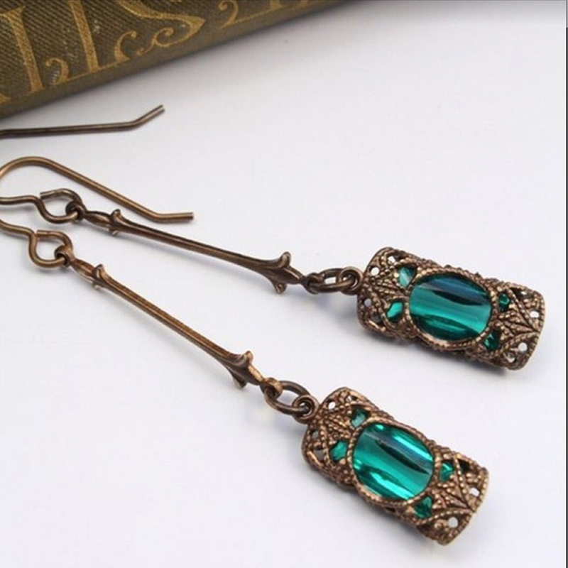 Long style gemstone earrings vintage bronze earrings