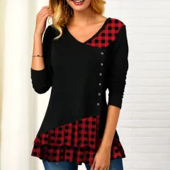 Women's new long-sleeved plaid irregular stitching T-shirts - Black - View 1