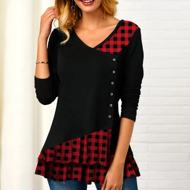 Women's new long sleeved plaid irregular stitching T shirts Black - Shop at LoveMi