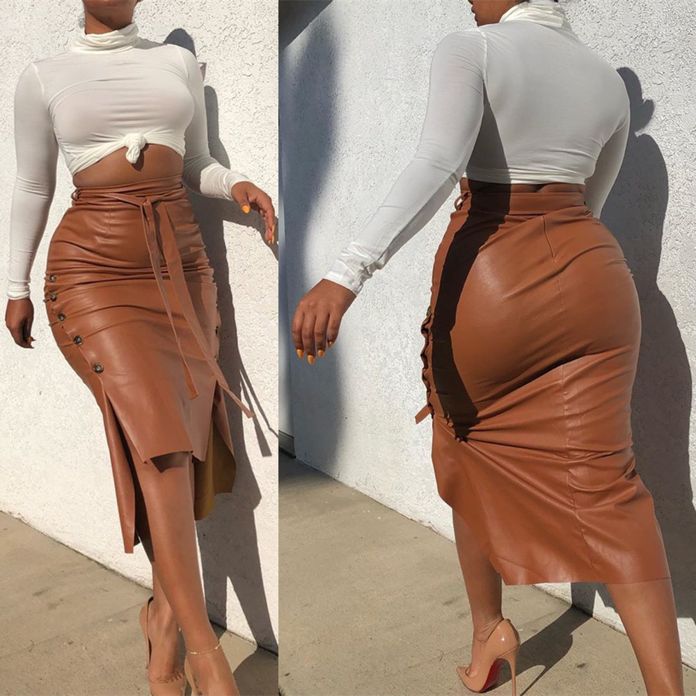 Sexy split mid length slim fit lace up skirt Brown - Shop at LoveMi