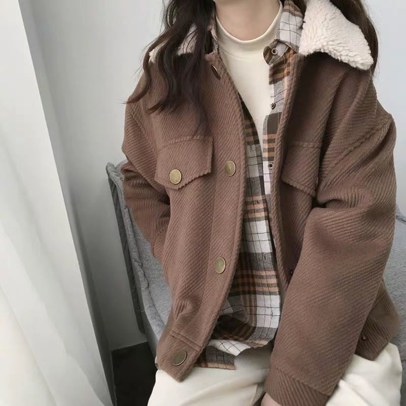 Lamb fur collar padded short woolen coat Caramel Colour - Shop at LoveMi
