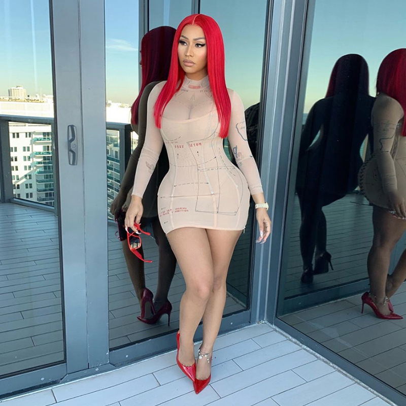 Mesh stitching sexy print bag hip dress women