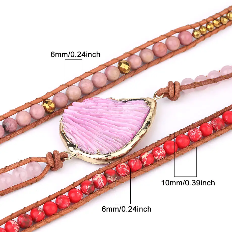 Pink Coral Leather Bracelet with Bohemian Beads