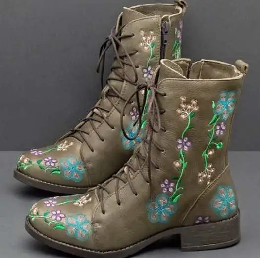 Flat heel lace up boots for autumn and winter Green - Shop at LoveMi