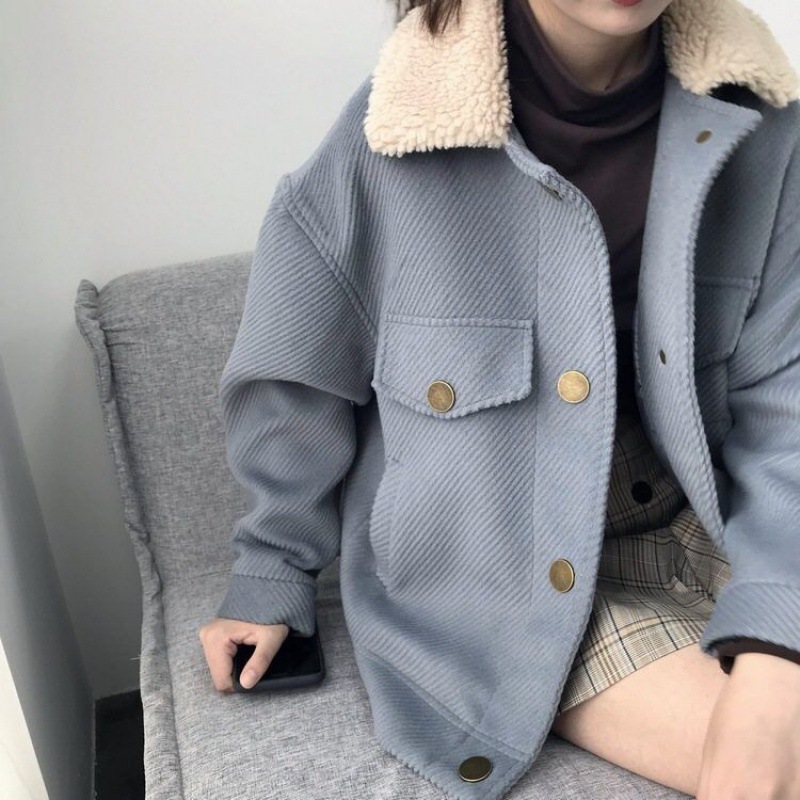 Lamb fur collar padded short woolen coat