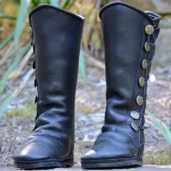 Women's boots with square heel side zipper buttons - Black - View 1