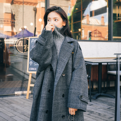 Student loose plaid over the knee woolen coat