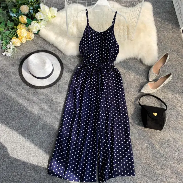 Polka Dot V Neck Sling Jumpsuit Blue - Shop at LoveMi