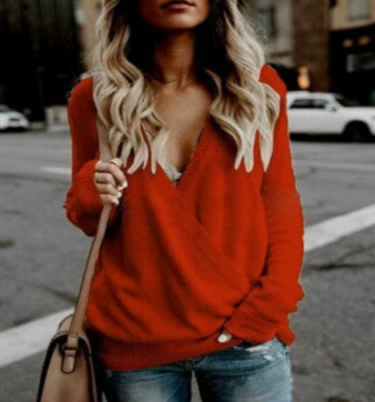 Woolen long-sleeved large V-neck stitching ribbed cross top