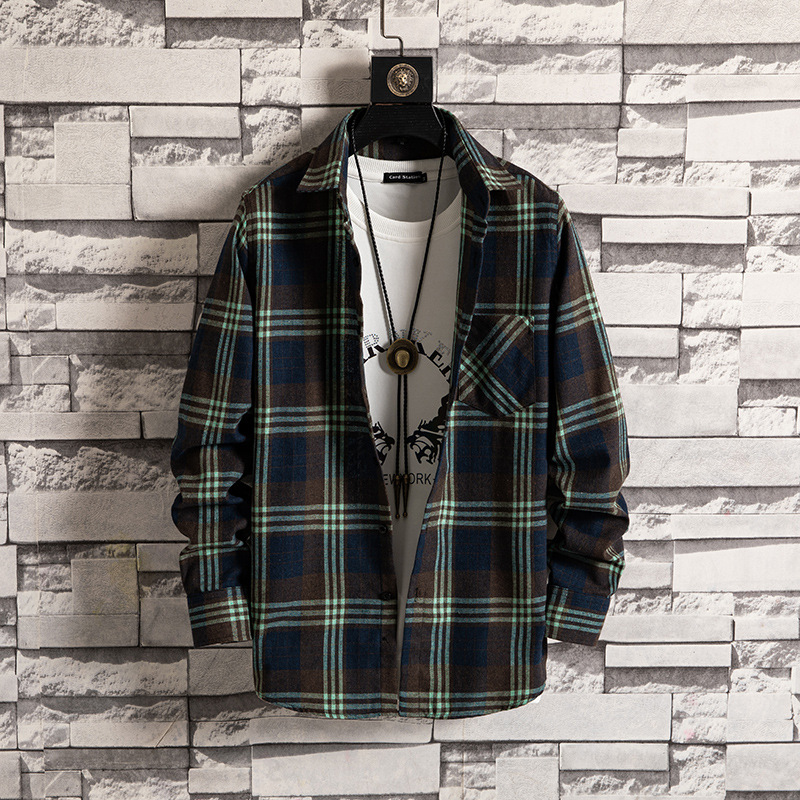 Korean style men's trendy loose tooling plaid shirt