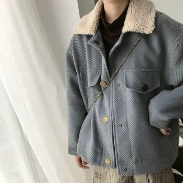 Lamb fur collar padded short woolen coat Blue - Shop at LoveMi