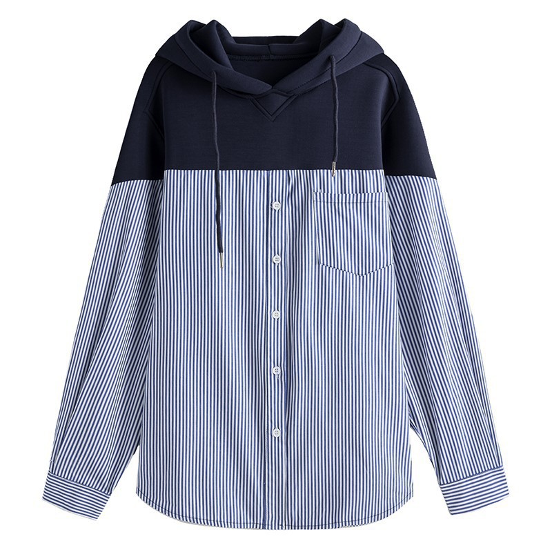 All match loose hooded stitching striped shirt Blue - Shop at LoveMi
