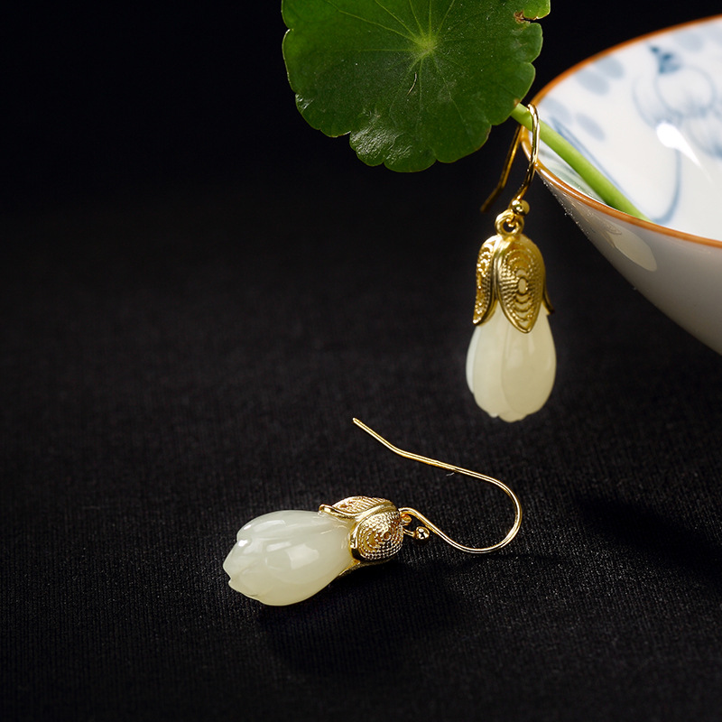 Natural Hetian Magnolia Flower Vintage Earrings