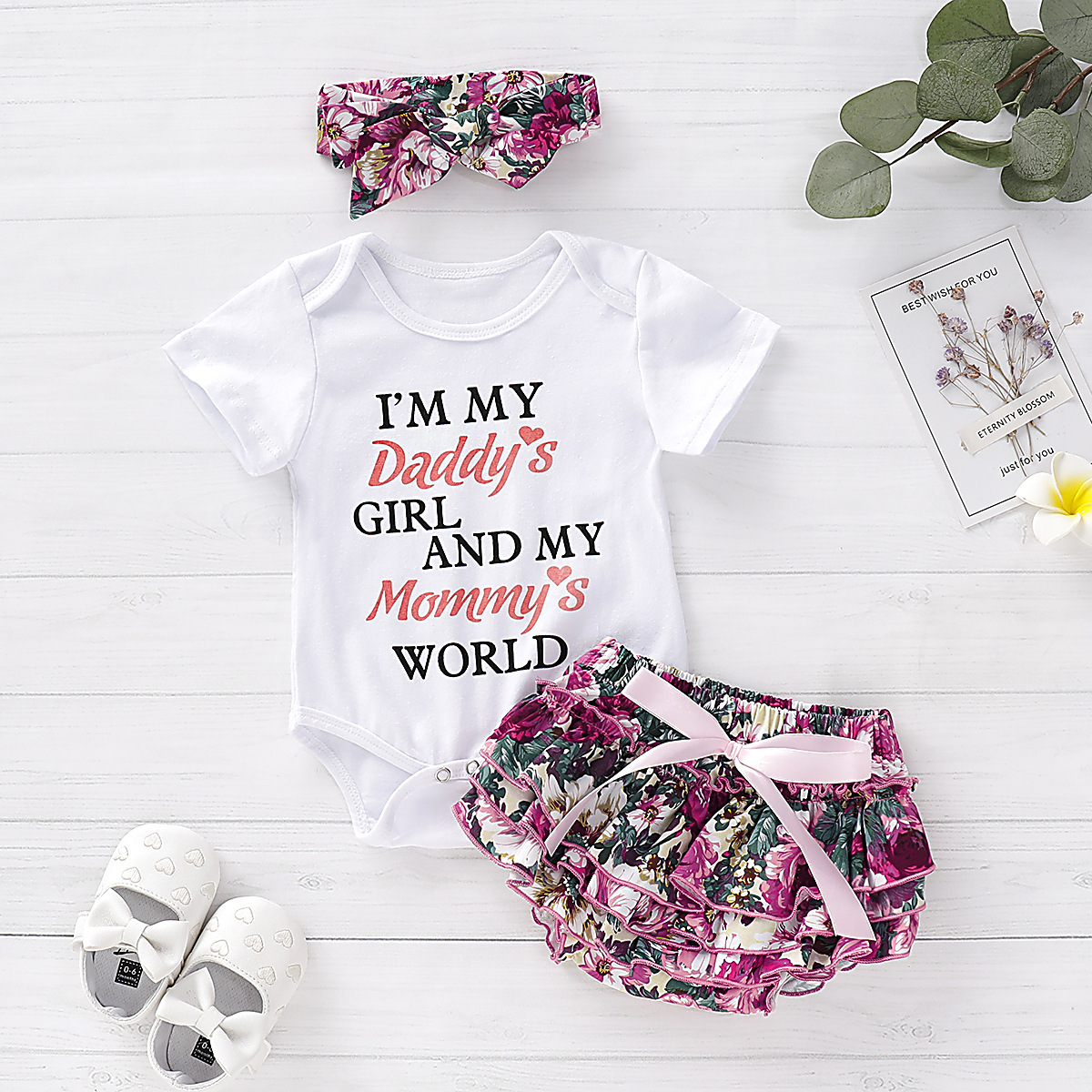 Top three-piece floral shorts and headwear