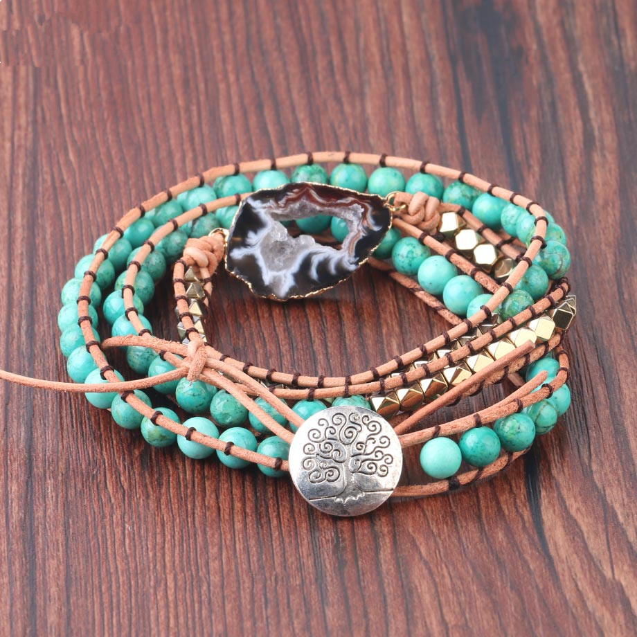 Natural turquoise braided striped agate bracelet