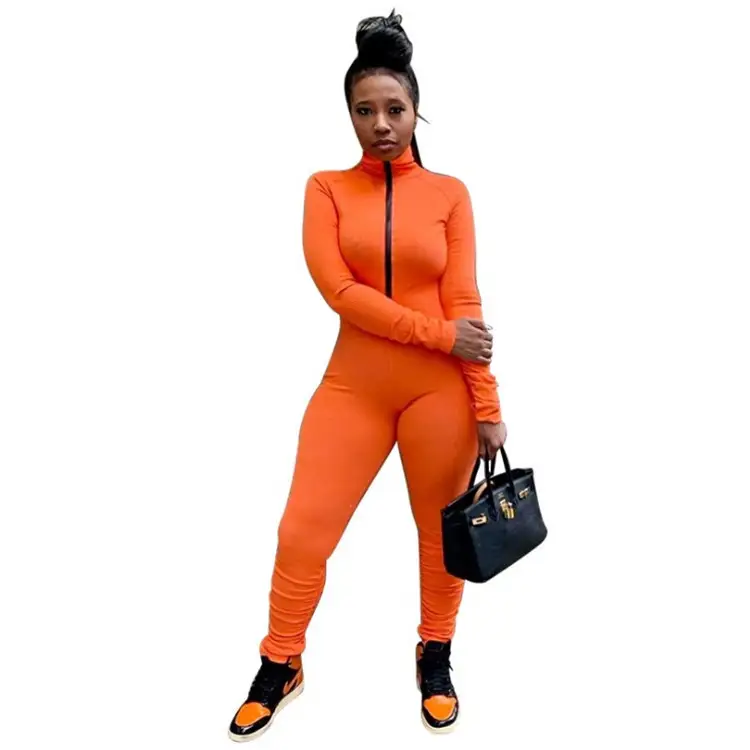 New solid color zipper pleated jumpsuit