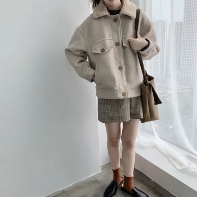 Lamb fur collar padded short woolen coat Beige - Shop at LoveMi