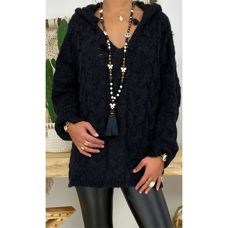 Sweater solid color twist knit hoodie cross-border