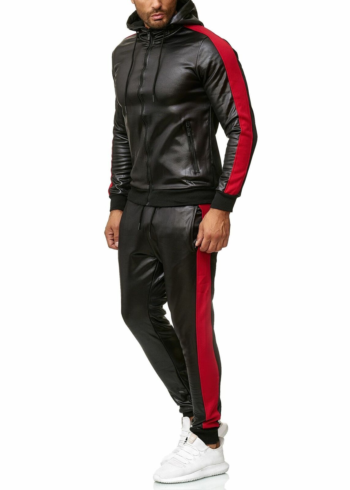 Hooded PU leather sports suit