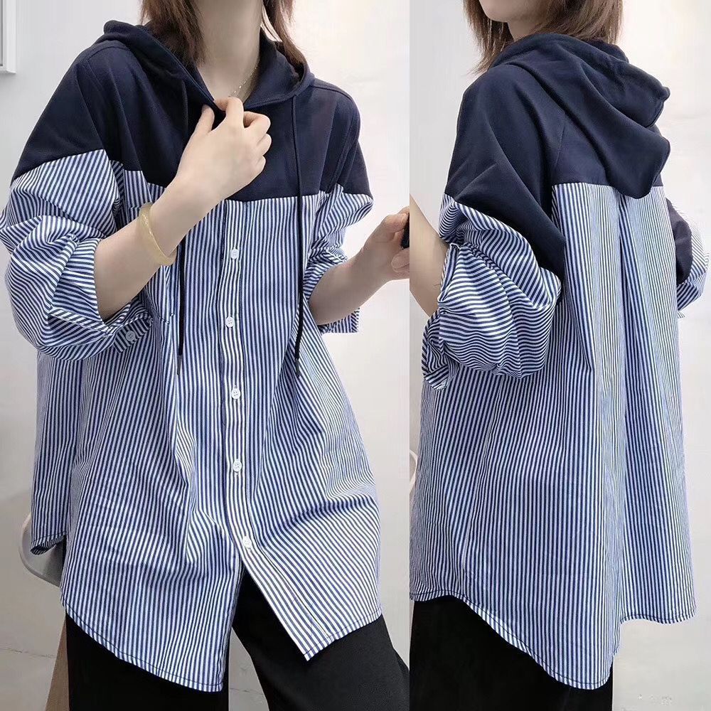 All-match loose hooded stitching striped shirt