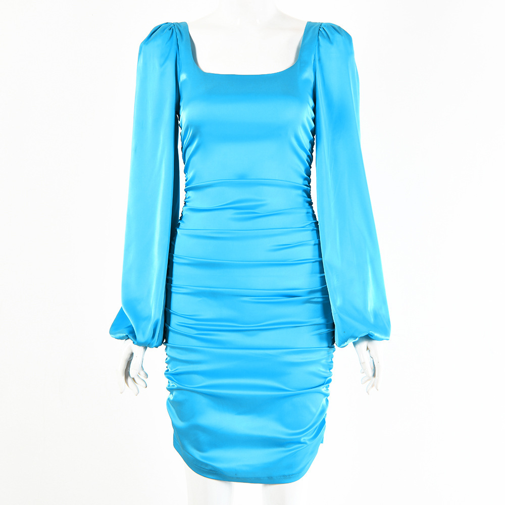 Fashion Elegant Square Neck Long Sleeve Blackless Pleated  Tight Dress