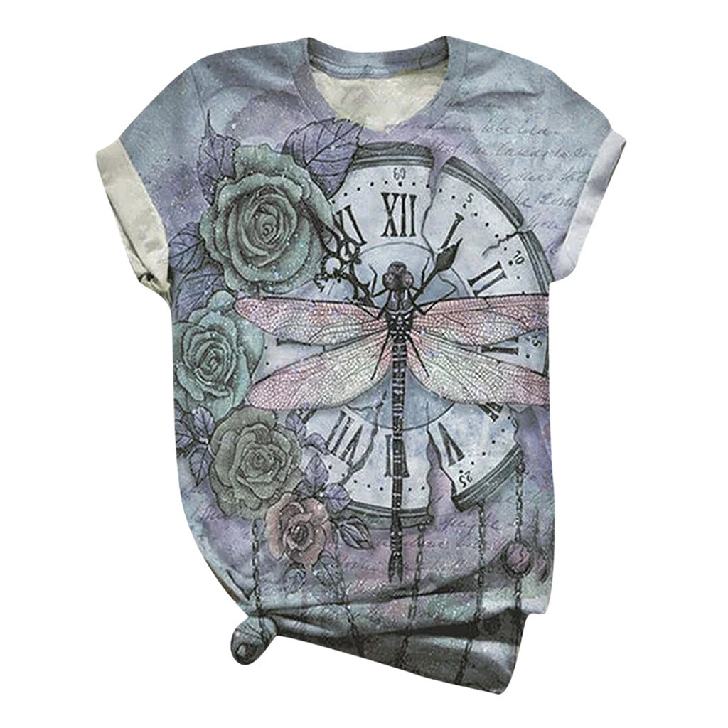 Retro dragonfly print round neck with short sleeves