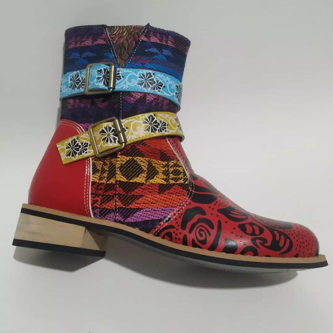 Belt buckle Martin boots women round toe mid-tube boots