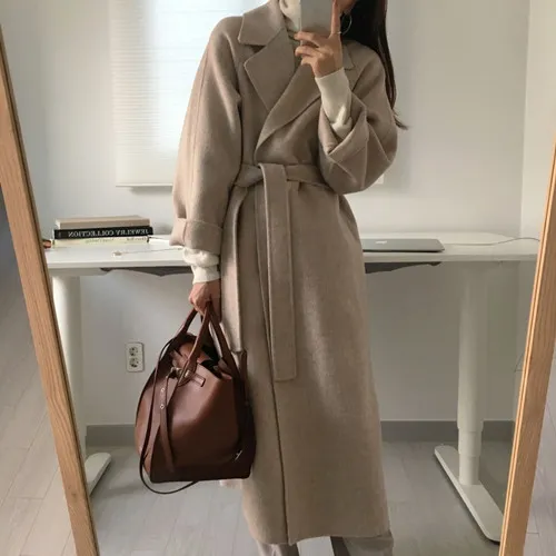 Double sided woolen mid length loose and lazy woolen woolen coat Apricot - Shop at LoveMi