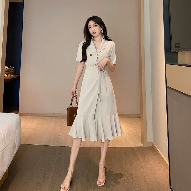 Suit collar waist ruffle dress