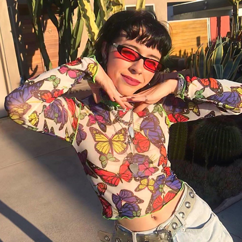 Mesh butterfly print round neck long sleeves