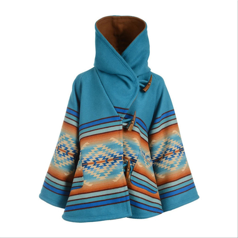 Long sleeve hooded printed woolen overcoat