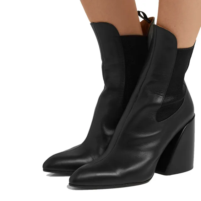 New thick heeled high heeled cowhide ankle boots Black - Shop at LoveMi