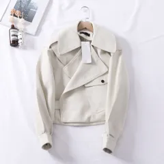 Loose cropped leather jacket motorcycle jacket - White - View 1