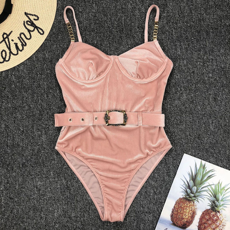One piece bikini with metal chain and shoulder strap