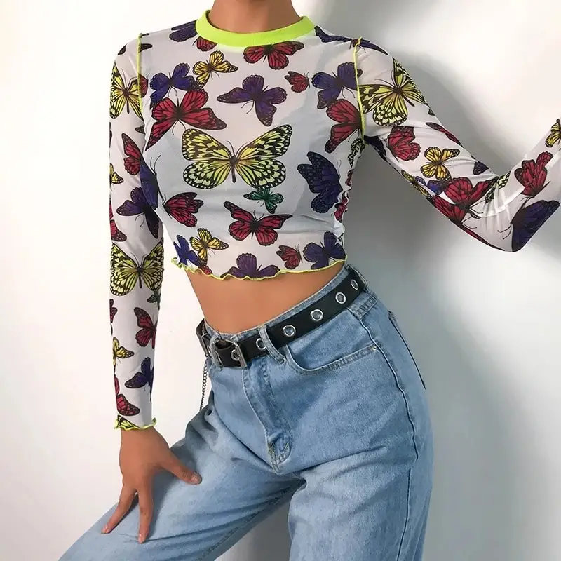 Mesh butterfly print round neck long sleeves