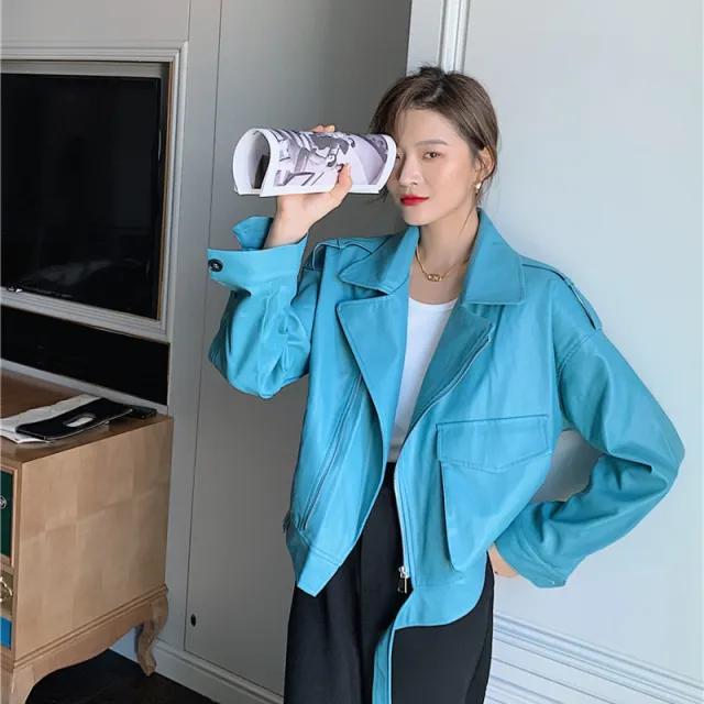 Women's motorcycle leather jacket autumn retro suit collar Sky Blue - Shop at LoveMi