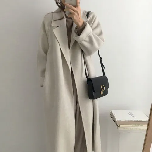 Double sided woolen mid length loose and lazy woolen woolen coat Grey - Shop at LoveMi