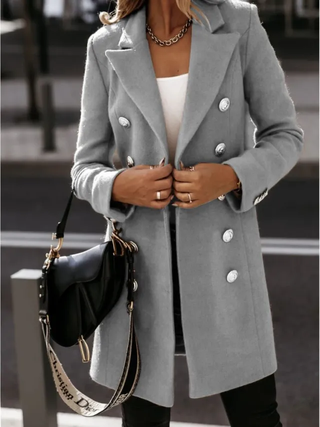 Long sleeved Suit Collar Double breasted Coat Coat Women Grey - Shop at LoveMi