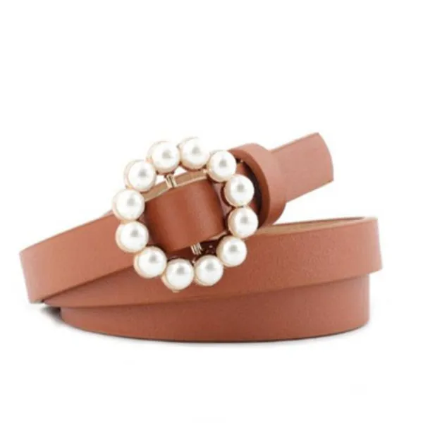Faux leather pearl belt Camel - Shop at LoveMi