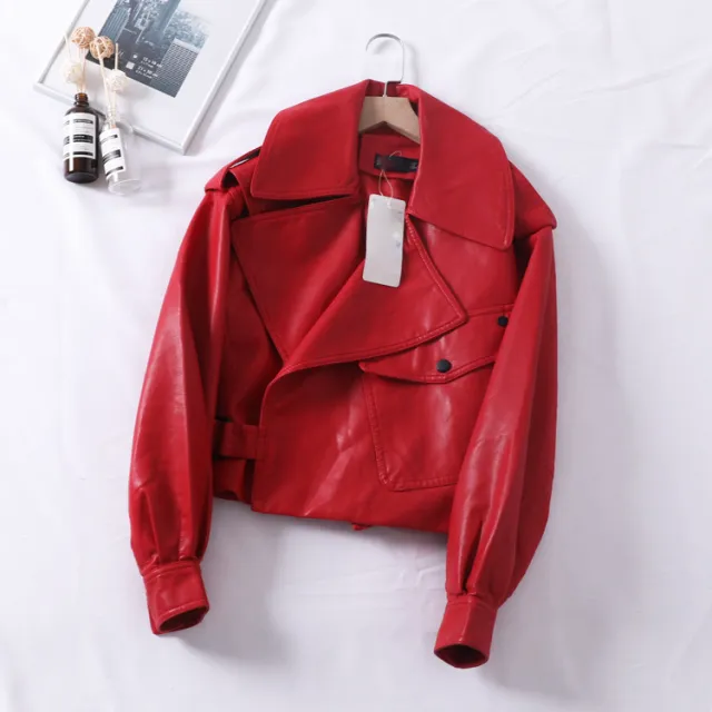 Loose cropped leather jacket motorcycle jacket Red - Shop at LoveMi