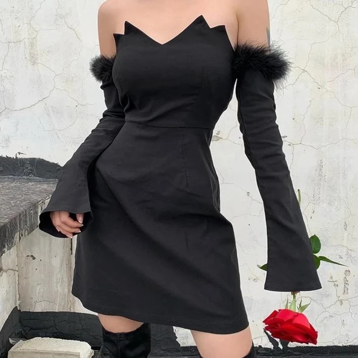 Black Off Shoulder Fur Dress Tube Top Dress