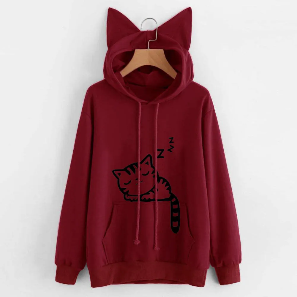 Women's loose printed hooded sweater - Red