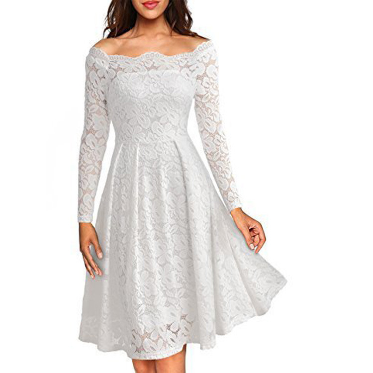 Retro one-line neck strapless lace dress
